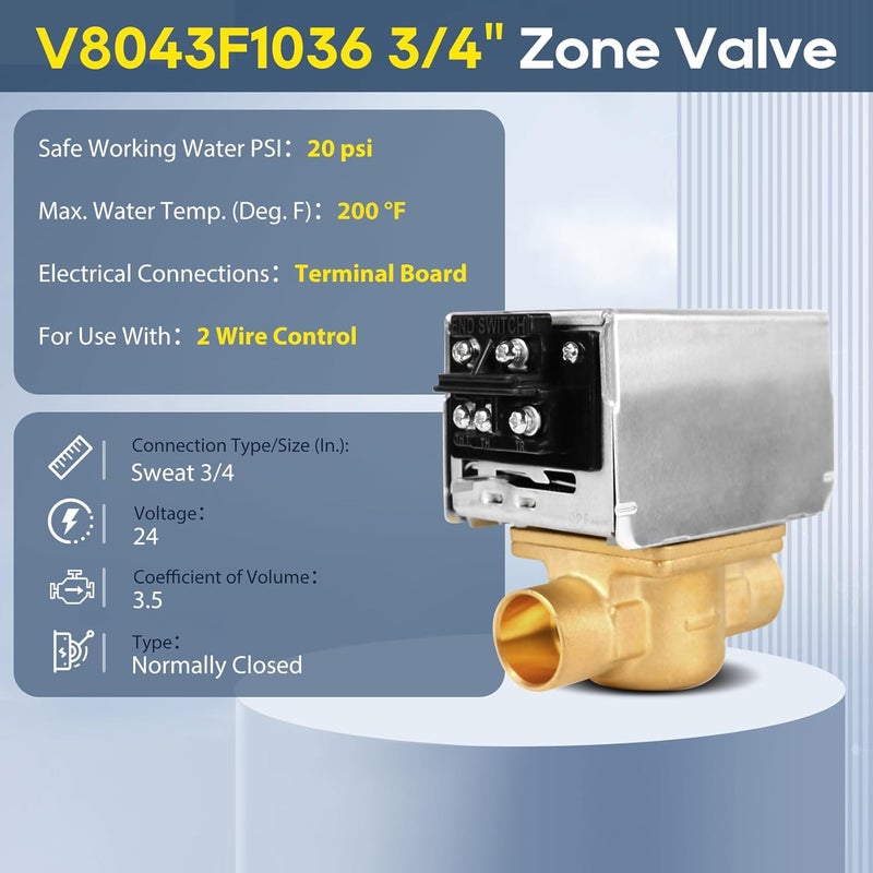 Werhoo V8043F1036 Zone Valve for, Replaces V8043F1093 40003916-048/U Replacement Head Actuator 2-way 4-Wire 24V Motor Normally Closed 3/4 Sweat Connection, Screw Terminal Board Connection - Image 2